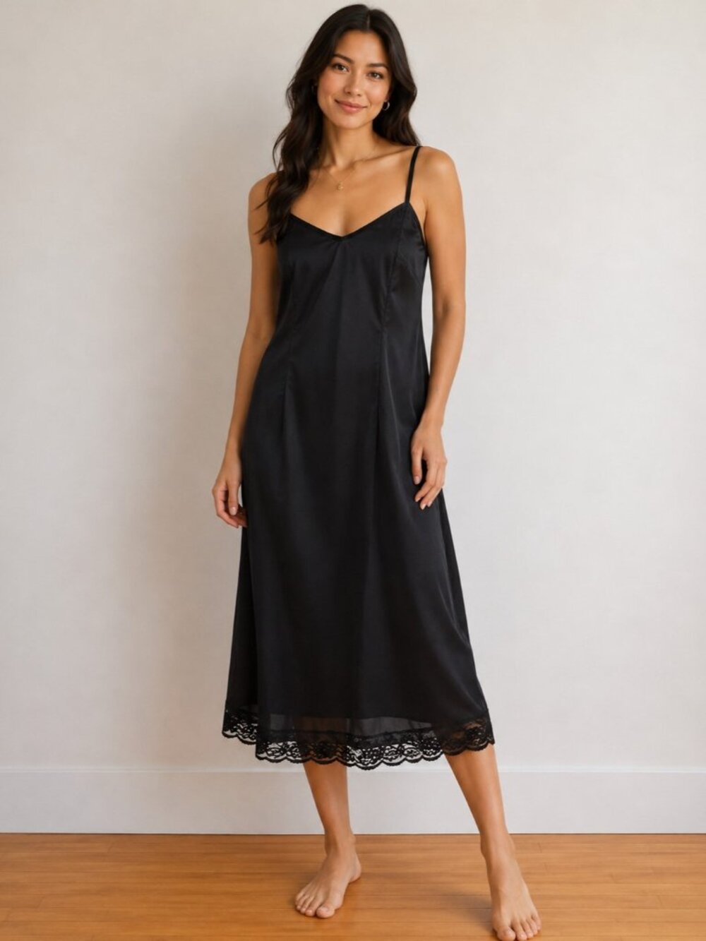 Lace Back Black Polyester Satin Sz XL Midi Cami Slip Dress Lingerie Silky Drape